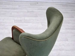 Pamono Danish Highback Armchair in Green Velour and Teak Wood, 1960s Sale