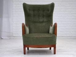 Pamono Danish Highback Armchair in Green Velour and Teak Wood, 1960s Sale