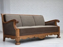 Pamono Danish 3-Seater Sofa in Wool and Carved Oak, 1950s New