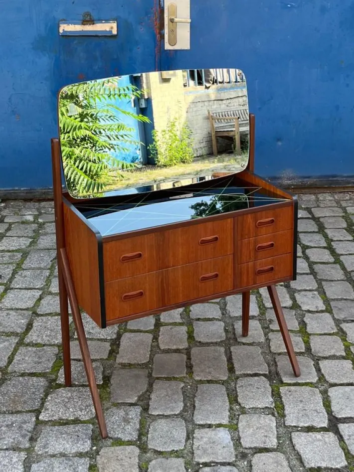 Pamono Dressing Table in Teak with Patterned Glass Top Discount