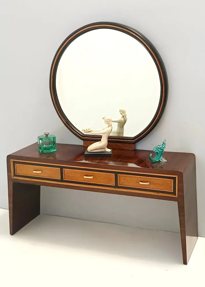 Pamono Ebonized Walnut and Birch Vanity Table with Mirror attributed to Paolo Buffa, 1950s Sale