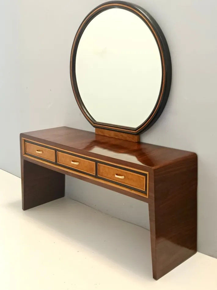 Pamono Ebonized Walnut and Birch Vanity Table with Mirror attributed to Paolo Buffa, 1950s Sale