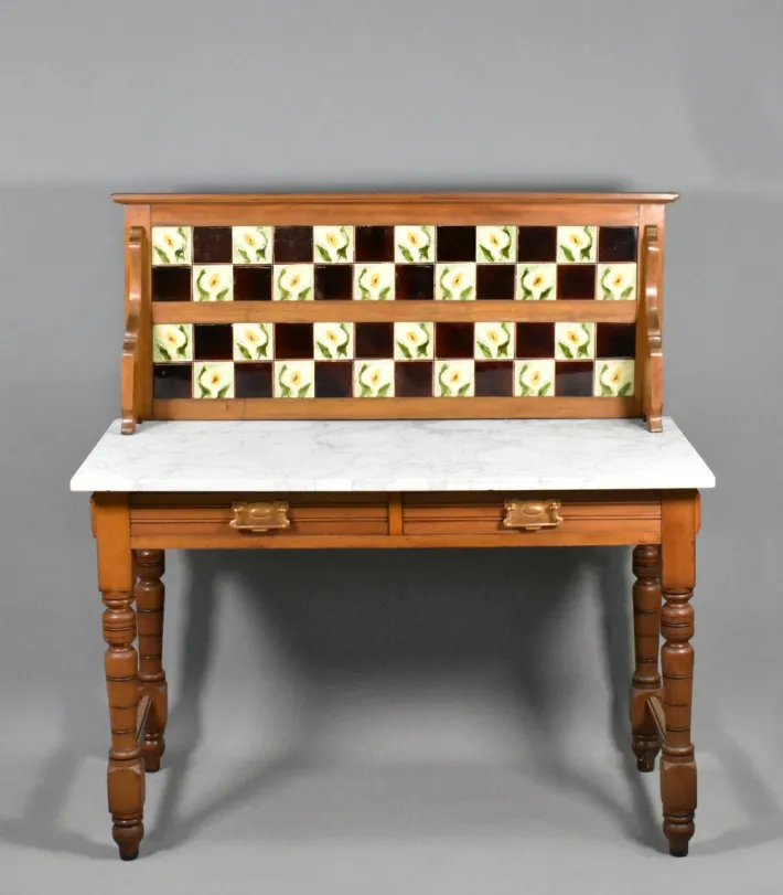 Pamono Edwardian Tile Back Marble Top Washstand in Birch, 1890s Discount