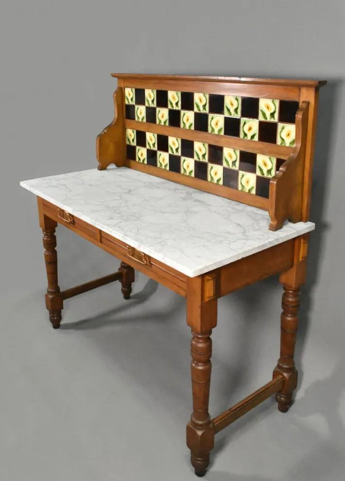 Pamono Edwardian Tile Back Marble Top Washstand in Birch, 1890s Discount