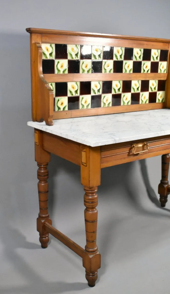Pamono Edwardian Tile Back Marble Top Washstand in Birch, 1890s Discount