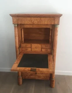 Pamono Empire Clapper Secretaire in Burr Walnut with Detached Columns and Secret Drawer, France, 1850s Hot