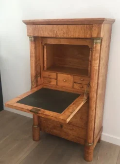 Pamono Empire Clapper Secretaire in Burr Walnut with Detached Columns and Secret Drawer, France, 1850s Hot