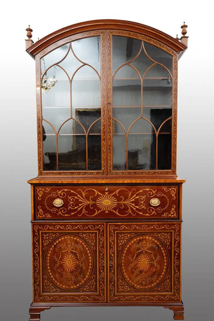 Pamono English Sideboard Bookcase in Mahogany Feather with Maple Inlay Grafts, 19th Century Clearance