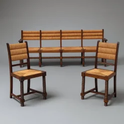 Pamono French Benches and Chairs in Oak and Straw, 1940, Set of 3 Best