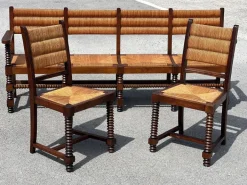 Pamono French Benches and Chairs in Oak and Straw, 1940, Set of 3 Best
