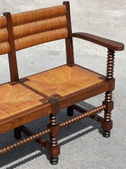 Pamono French Benches and Chairs in Oak and Straw, 1940, Set of 3 Best