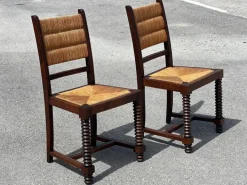 Pamono French Benches and Chairs in Oak and Straw, 1940, Set of 3 Best