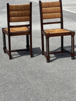 Pamono French Benches and Chairs in Oak and Straw, 1940, Set of 3 Best