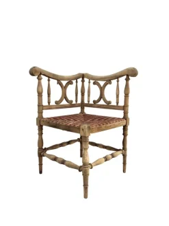 Pamono French Carved Wood Corner Chair with Woven Rush Seat, Early 20th Century New