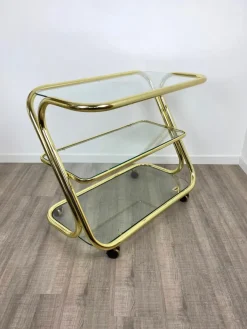 Pamono Glass & Golden Metal Serving Cart Trolley by Morex, Italy, 1980s Outlet