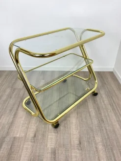 Pamono Glass & Golden Metal Serving Cart Trolley by Morex, Italy, 1980s Outlet