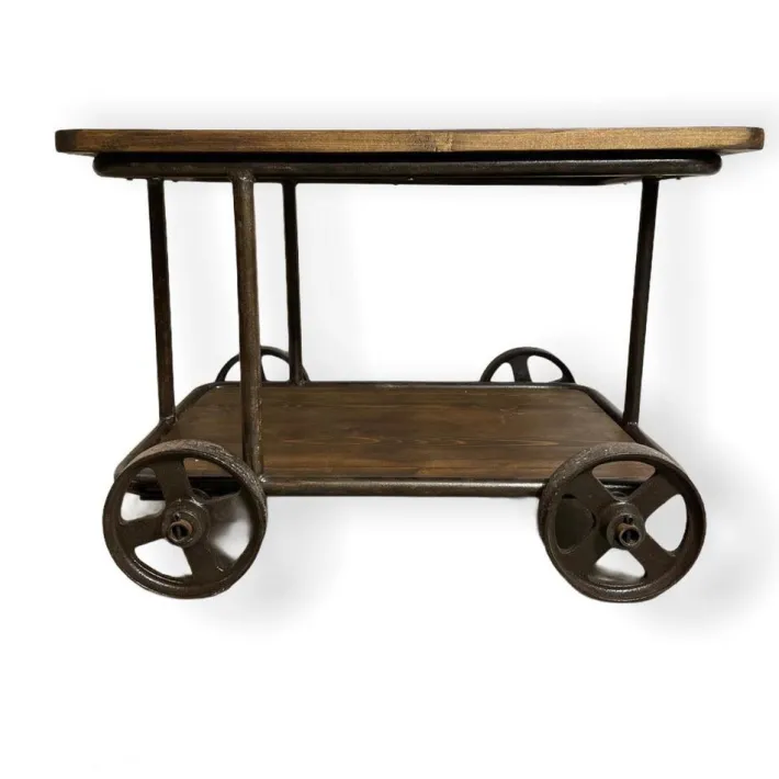 Pamono Industrial Serving Trolley in Cast Iron with Wooden Shelves, 1920s