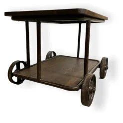Pamono Industrial Serving Trolley in Cast Iron with Wooden Shelves, 1920s