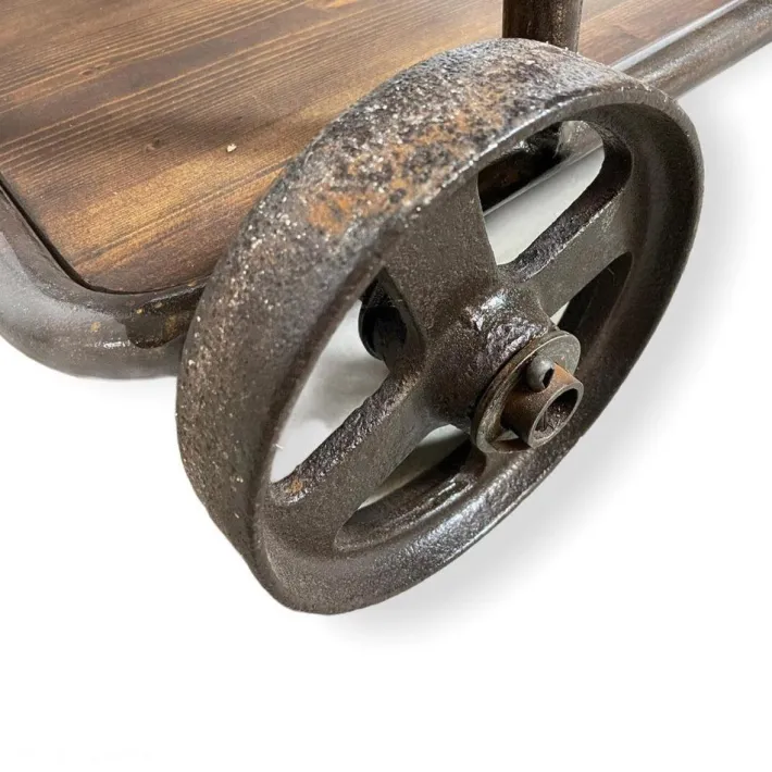 Pamono Industrial Serving Trolley in Cast Iron with Wooden Shelves, 1920s