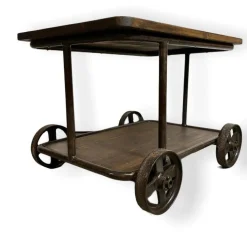 Pamono Industrial Serving Trolley in Cast Iron with Wooden Shelves, 1920s