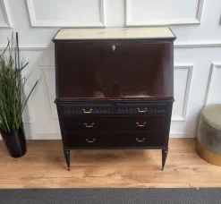 Pamono Italian Art Deco Walnut Marble Slant Front Secretary, 1960s