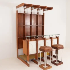 Pamono Italian Bar Unit with Stools, 1970s, Set of 3