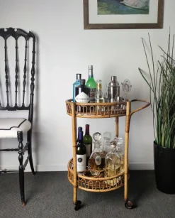 Pamono Italian Bohemian Bamboo Rattan Round Serving Bar Cart by Franco Albini, 1960s Discount