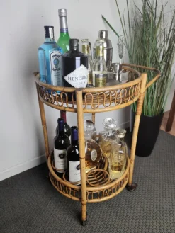 Pamono Italian Bohemian Bamboo Rattan Round Serving Bar Cart by Franco Albini, 1960s Discount