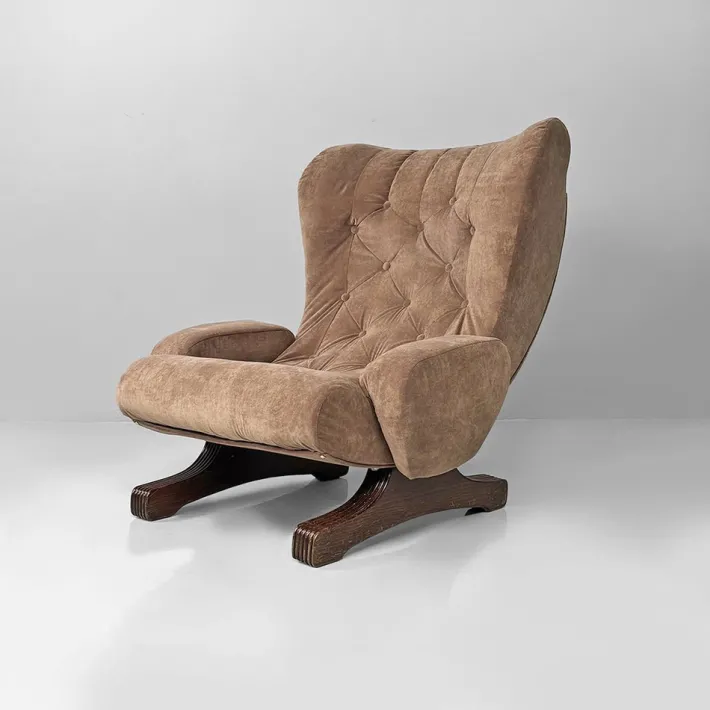 Pamono Italian Modern Chair in Brown Velvet and Wood by Guido Bonzanini for Tecnosalotti, 1970s New
