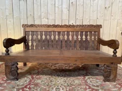 Pamono Large Indonesian Garden Bench in Carved Walnut Outlet