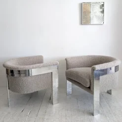 Pamono Large Mid-Century Chromed Steel and Mohair Bouclé Lounge Chairs by Milo Baughman, USA, 1970s, Set of 2