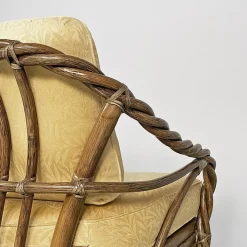 Pamono Mid-Century Modern American Rattan and Beige Floreal Fabric Sofa attributed to McGuire, 1970s Sale