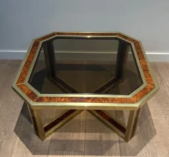 Pamono Octagonal Burl Walnut and Brass Coffee Table, 1970s Discount