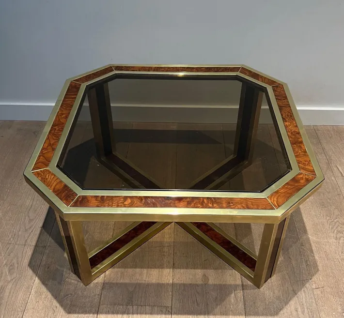 Pamono Octagonal Burl Walnut and Brass Coffee Table, 1970s Discount