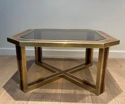 Pamono Octagonal Burl Walnut and Brass Coffee Table, 1970s Discount