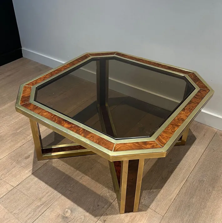 Pamono Octagonal Burl Walnut and Brass Coffee Table, 1970s Discount