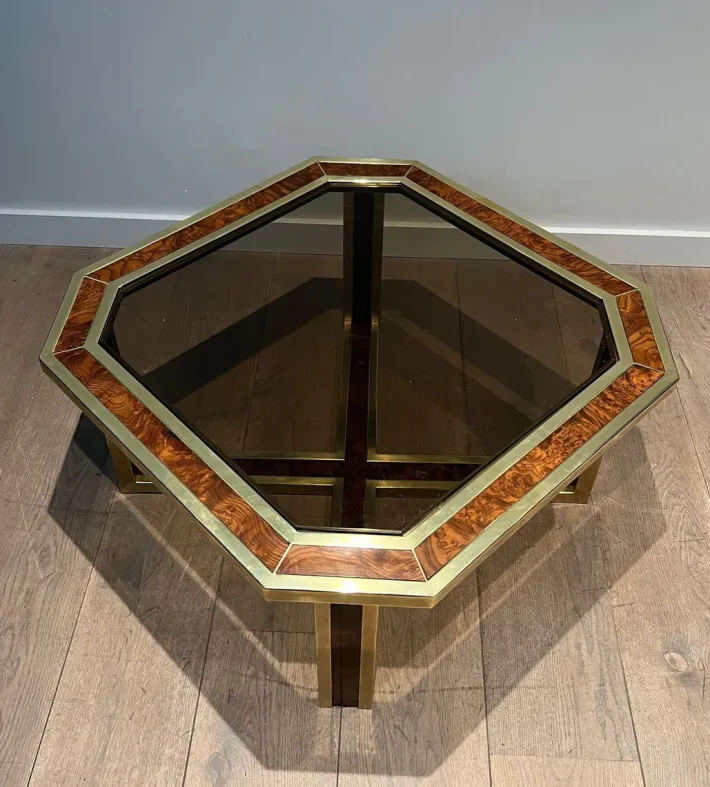 Pamono Octagonal Burl Walnut and Brass Coffee Table, 1970s Discount