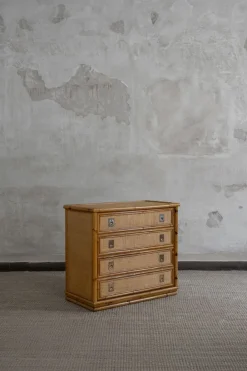 Pamono Rattan and Brass Chest of Drawers by Dal Vera, 1970s Sale