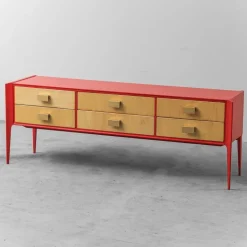 Pamono Red Wooden Chest of Drawers, 1960s New