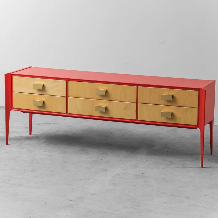 Pamono Red Wooden Chest of Drawers, 1960s New