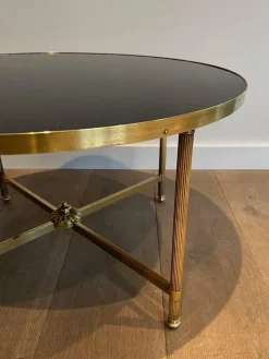 Pamono Round Coffee Table in Brass with Black Lacquered Glass Top by Maison Jansen New