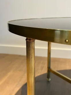 Pamono Round Coffee Table in Brass with Black Lacquered Glass Top by Maison Jansen New