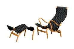 Pamono Set of Pernilla Easy Chair and Ottoman in Beech and Black Upholstery by Bruno Mathsson for Dux, 1970s Clearance