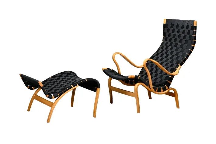 Pamono Set of Pernilla Easy Chair and Ottoman in Beech and Black Upholstery by Bruno Mathsson for Dux, 1970s Clearance