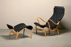 Pamono Set of Pernilla Easy Chair and Ottoman in Beech and Black Upholstery by Bruno Mathsson for Dux, 1970s Clearance