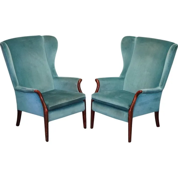 Pamono Set of Vintage Blue Fabric Wingback Chairs Sale