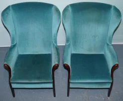 Pamono Set of Vintage Blue Fabric Wingback Chairs Sale