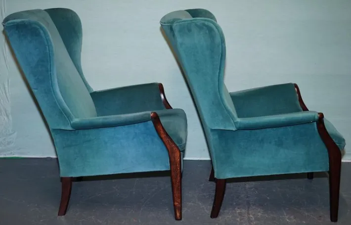 Pamono Set of Vintage Blue Fabric Wingback Chairs Sale