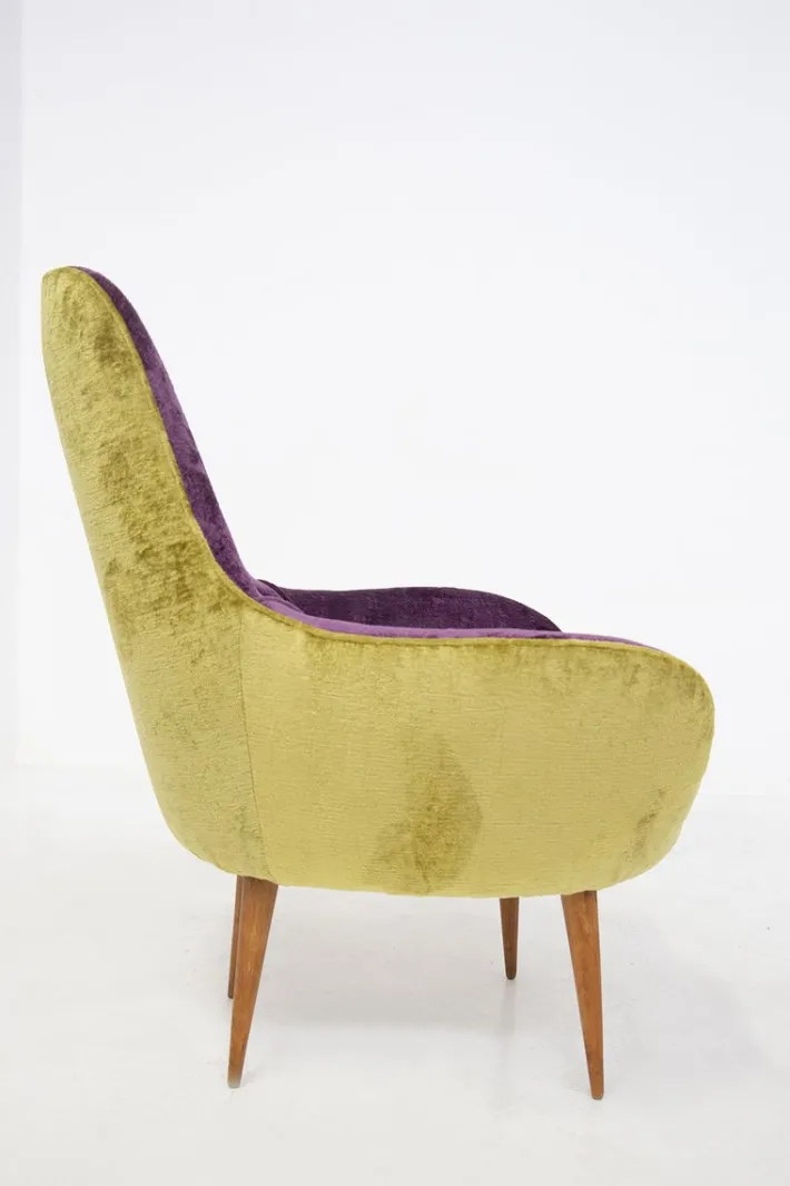 Pamono Small Vintage Wooden Armchairs & Pouf in Purple and Green Velvet, Set of 3 Discount