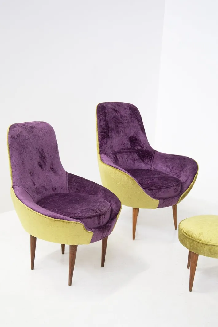 Pamono Small Vintage Wooden Armchairs & Pouf in Purple and Green Velvet, Set of 3 Discount